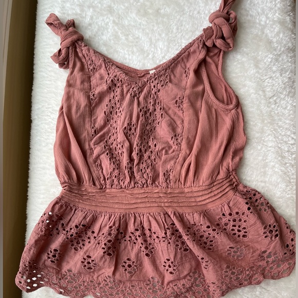 CYNTHIA ROWLEY BROWN RUFFLED TIE STRAPS TANK TOP - Picture 2 of 4